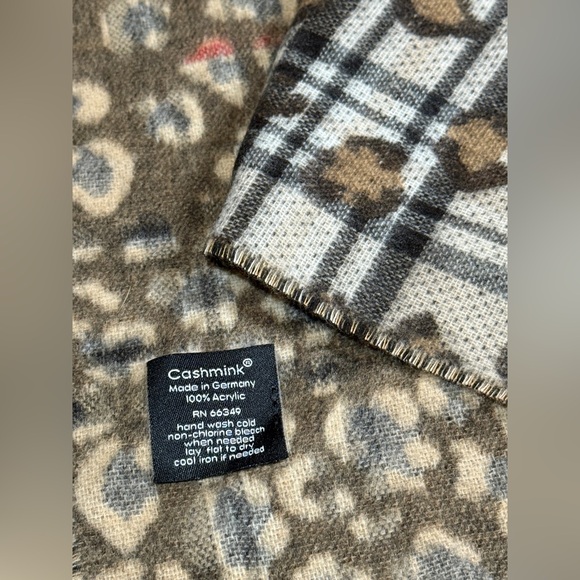 Cashmink Plaid and Cheetah Print Scarf in cream, brown, grey and red - Picture 2 of 9